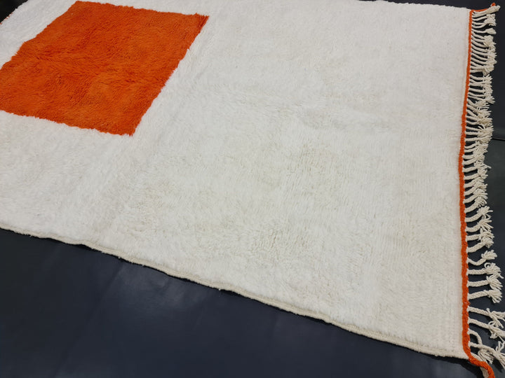 Authentic Beni Ourain Rug, Moroccan Handmade Rug, Berber Rug, Abstract Beniourain Rug, Sheep Wool rug, White And Orange Rug, Tapis marocain.