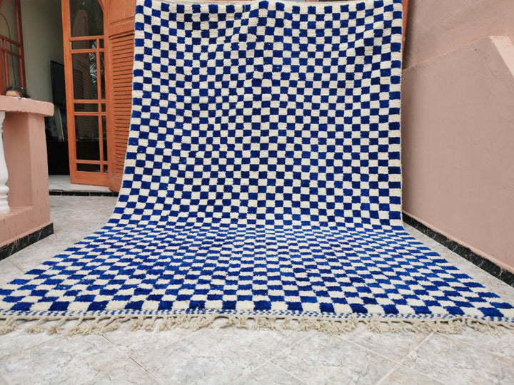 Large Blue and white Checkered rug, Moroccan Berber checkered rug, Checker board Rug, Sheep Wool Rug, Beniourain rug, Moroccan Handmade Rug.