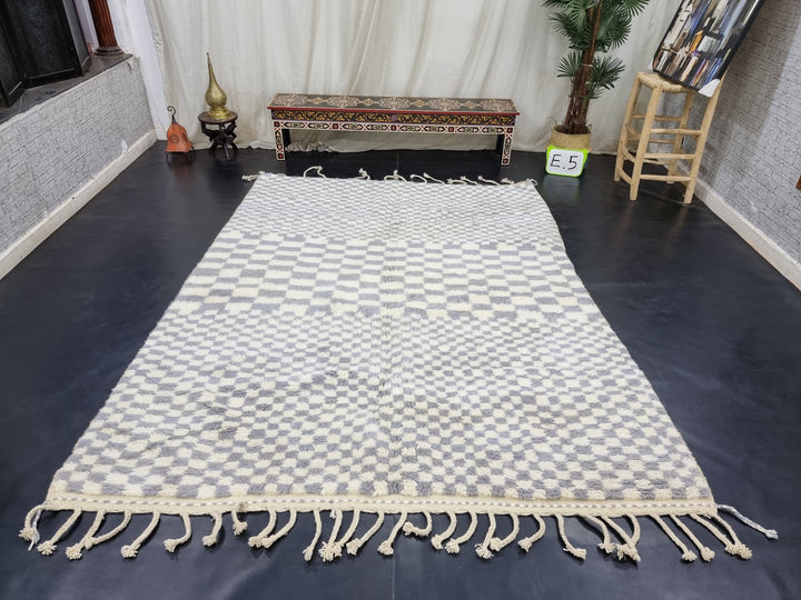 Moroccan Handmade Carpet , White and Gray Beni Ourain Rug, Tribal Checkered Rug, Authentic Berber Rug, Sheep Wool Rug, Teppish Marokko.