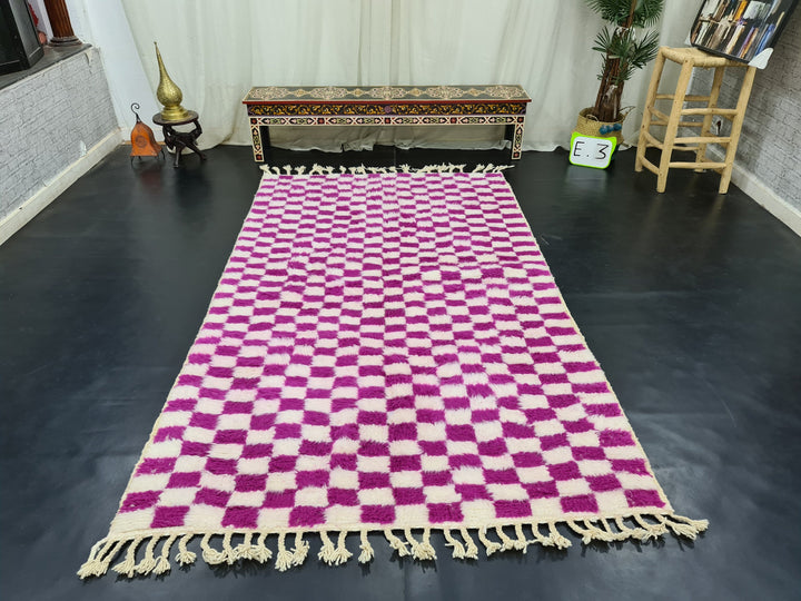 Fabulous Beni Ourain Rug, Moroccan Handmade Carpet, White And Magenta Pink Rug, Berber Rug, Sheep Wool Rug, Checker Rug, Tapis berbere