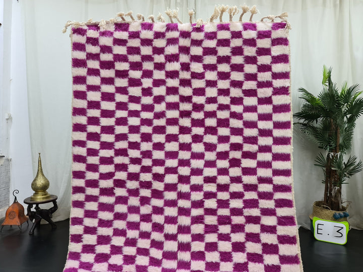 Fabulous Beni Ourain Rug, Moroccan Handmade Carpet, White And Magenta Pink Rug, Berber Rug, Sheep Wool Rug, Checker Rug, Tapis berbere