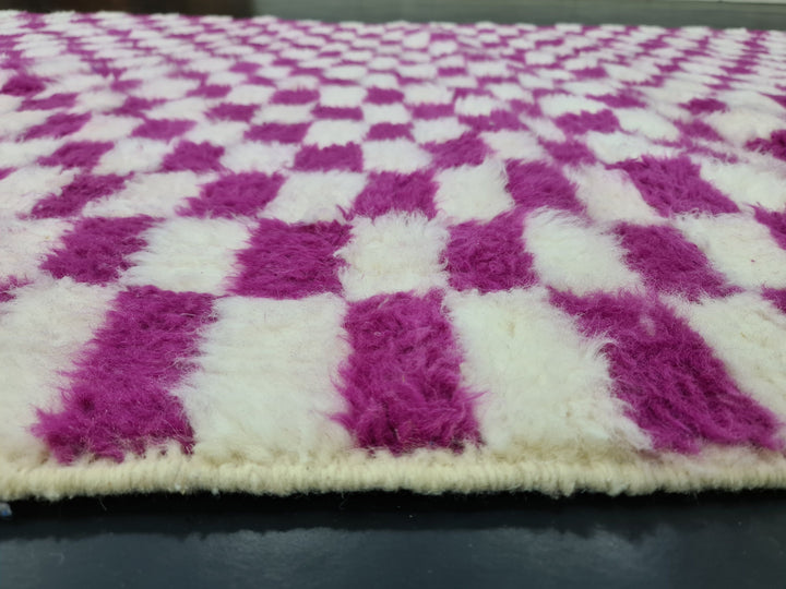 Fabulous Beni Ourain Rug, Moroccan Handmade Carpet, White And Magenta Pink Rug, Berber Rug, Sheep Wool Rug, Checker Rug, Tapis berbere