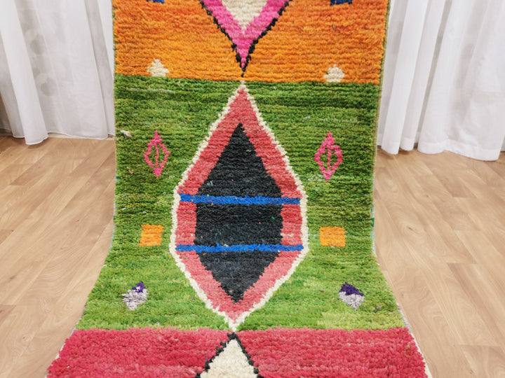 Fabulous Moroccan Runner, Abstract Rug, Sheep Wool Runner, Handmade Authentic Rug, Boujaad Rug, Berber Runner, orange and Pink Rug.