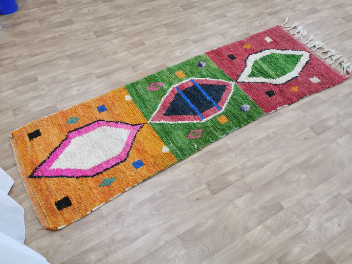 Fabulous Moroccan Runner, Abstract Rug, Sheep Wool Runner, Handmade Authentic Rug, Boujaad Rug, Berber Runner, orange and Pink Rug.