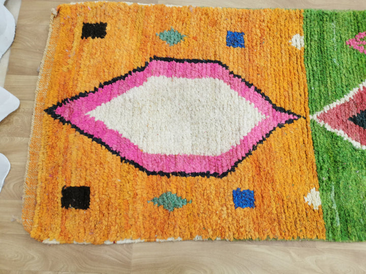 Fabulous Moroccan Runner, Abstract Rug, Sheep Wool Runner, Handmade Authentic Rug, Boujaad Rug, Berber Runner, orange and Pink Rug.