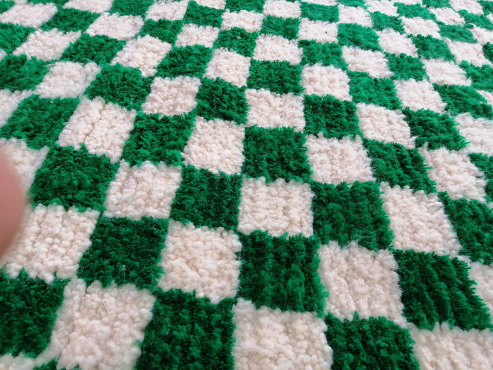 Large Green and white checkered rug, Moroccan Berber checkered rug, Checkered area rug Checkerboard Rug beniourain rug