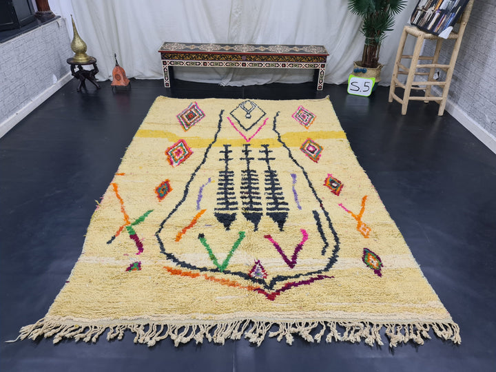 Tribal Moroccan Rug, Handmade Boujaad Rug, Authentic Moroccan Rug, Abstract Berber Rug, Yellow Wool Rug, Sheep Wool Rug, Bohemian Rug.