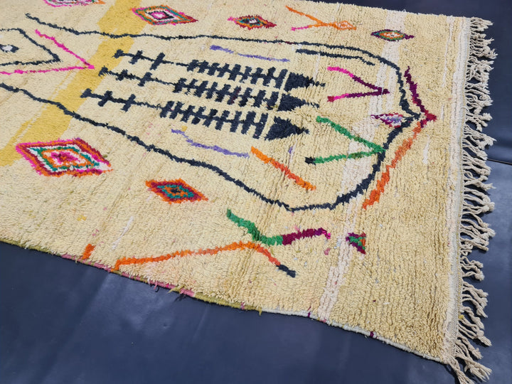 Tribal Moroccan Rug, Handmade Boujaad Rug, Authentic Moroccan Rug, Abstract Berber Rug, Yellow Wool Rug, Sheep Wool Rug, Bohemian Rug.