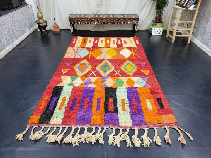 Amazing Moroccan Rug, Handmade Boujaad Rug, Azilal Rug, Red Wool Rug, Geometric Moroccan Rug, Berber Bohemian Rug, Tapis Marocain.