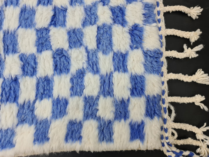 Beni Ourain Moroccan Runner Rug, Handmade Checkered Rug, Authentic Moroccan Rug, Sheep Wool Rug, Blue and White Runner, Berber Runner Rug.