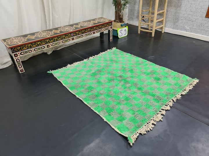 Unique Beni Ourain Rug, Moroccan Rug, Sheep Wool Rug, Checkered Rug, Authentic Carpet, Gray and Fern Green Rug, Handmade Rug, Berber Carpet.