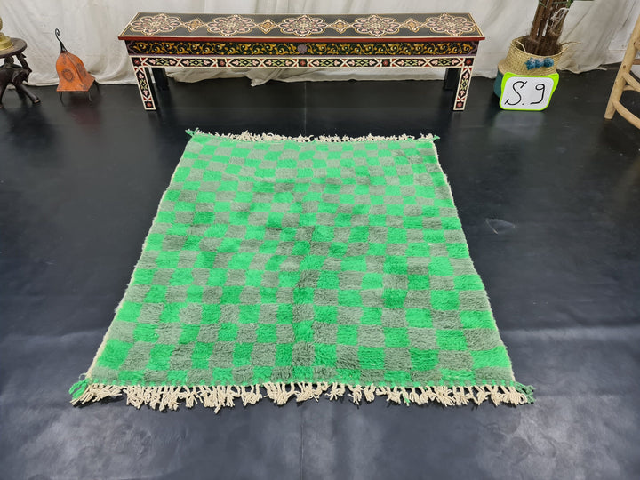 Unique Beni Ourain Rug, Moroccan Rug, Sheep Wool Rug, Checkered Rug, Authentic Carpet, Gray and Fern Green Rug, Handmade Rug, Berber Carpet.