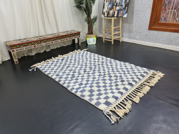 Unique Beni Ourain Rug, Moroccan Handmade Rug, Checkered Rug, Berber Rug, Sheep Wool Rug, Tapis berbere, White And Gray Rug, Teppish Marokko