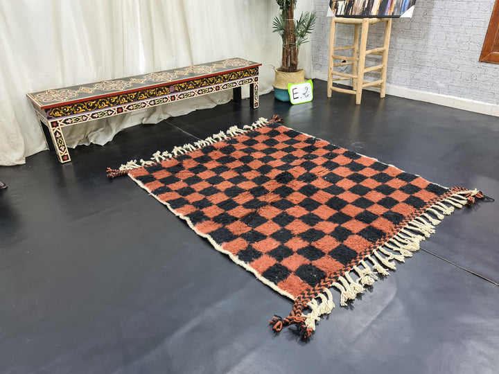 Unique Beni Ourain Rug, Moroccan Rug,Sheep Wool Rug, Checkered Rug, Authentic Carpet, Black And Brown Rug, Handmade Rug, Moroccan Berber Rug