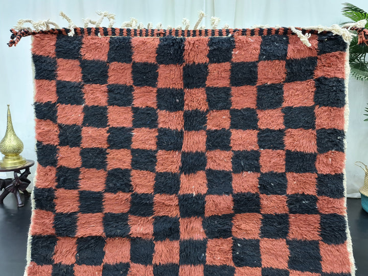 Unique Beni Ourain Rug, Moroccan Rug,Sheep Wool Rug, Checkered Rug, Authentic Carpet, Black And Brown Rug, Handmade Rug, Moroccan Berber Rug