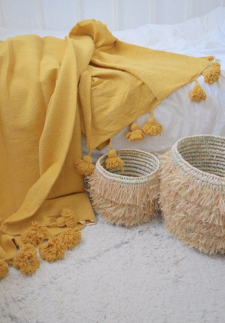 moroccan throw blanket, Cotton Moroccan Pompom Blanket,bedroom blanket, Mustard moroccan pompom blanket, Tassel pom pom throw