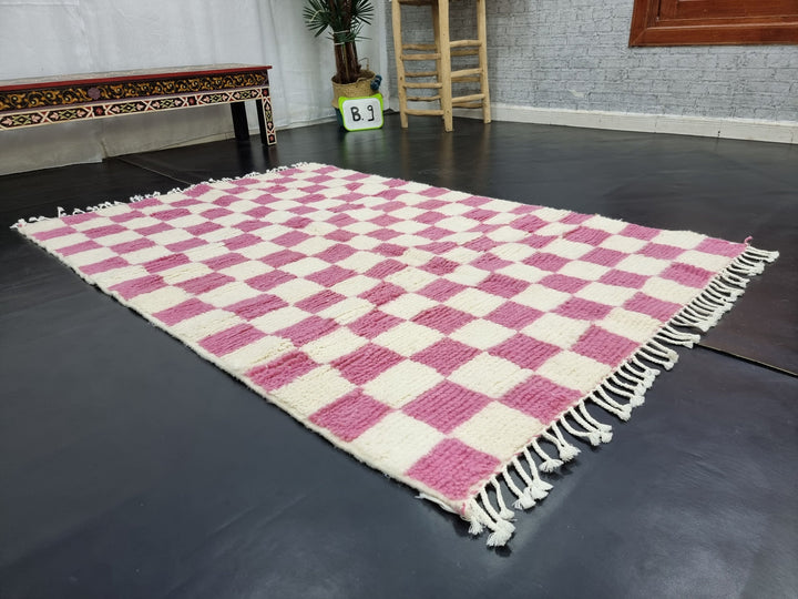 Amazing Beni Ourain Rug, Moroccan Handmade Carpet, Light Pink and White Rug, Sheep WoolRug, Tribal Berber Rug, Authentic Checkered Rug.