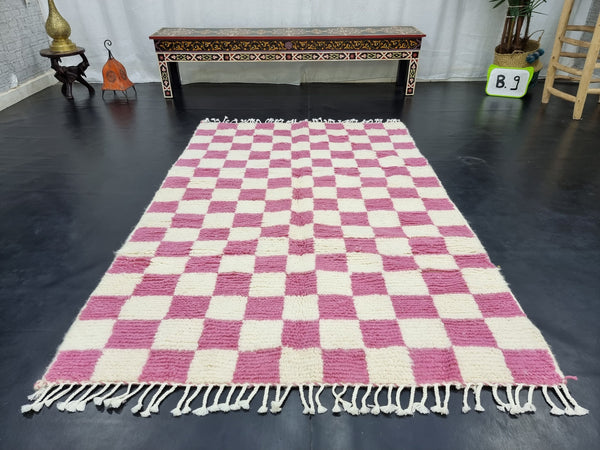 Amazing Beni Ourain Rug, Moroccan Handmade Carpet, Light Pink and White Rug, Sheep WoolRug, Tribal Berber Rug, Authentic Checkered Rug.