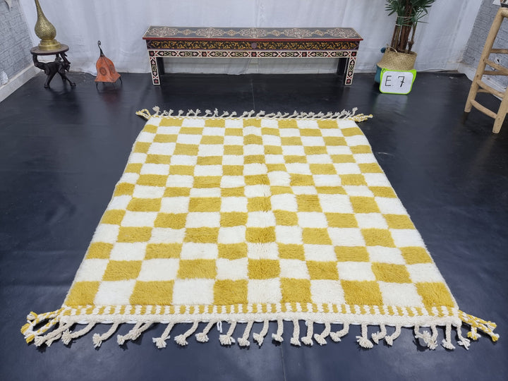 Gorgeous Beni Ourain Rug, Moroccan Handmade Carpet, White And Yellow Rug, Authentic Berber Rug, Tribal Checkered Rug, Sheep Wool Carpet.