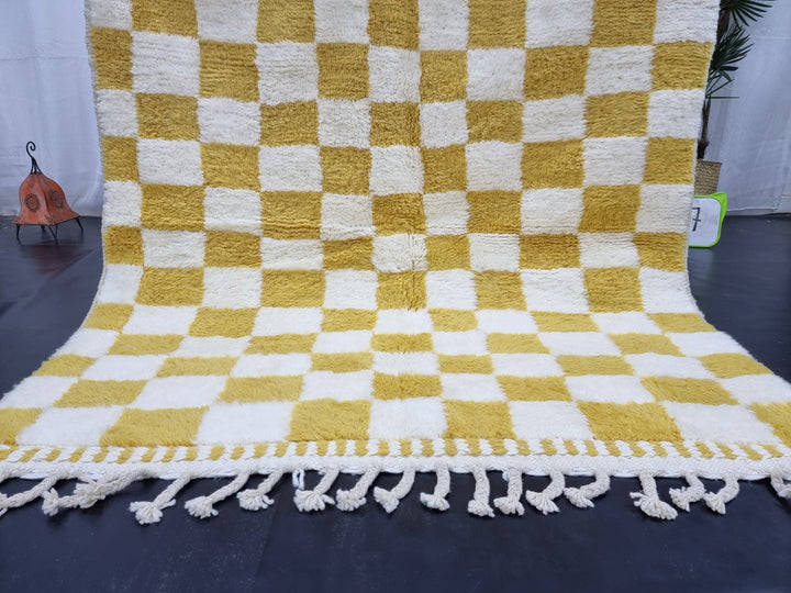 Gorgeous Beni Ourain Rug, Moroccan Handmade Carpet, White And Yellow Rug, Authentic Berber Rug, Tribal Checkered Rug, Sheep Wool Carpet.