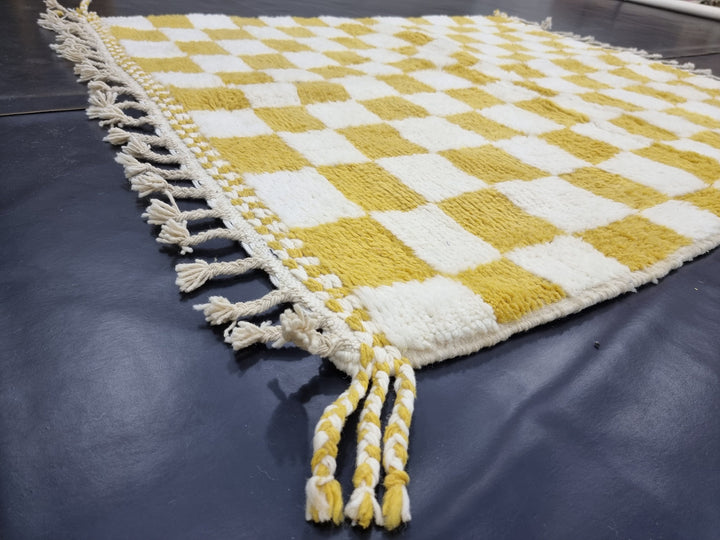 Gorgeous Beni Ourain Rug, Moroccan Handmade Carpet, White And Yellow Rug, Authentic Berber Rug, Tribal Checkered Rug, Sheep Wool Carpet.