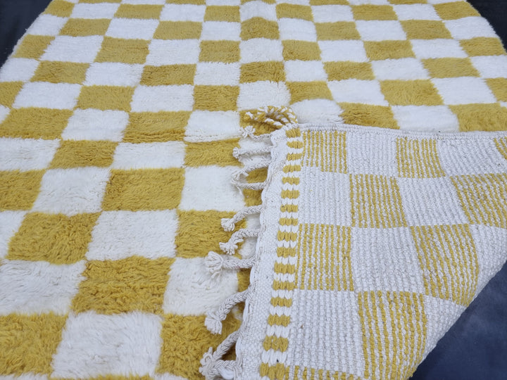 Gorgeous Beni Ourain Rug, Moroccan Handmade Carpet, White And Yellow Rug, Authentic Berber Rug, Tribal Checkered Rug, Sheep Wool Carpet.