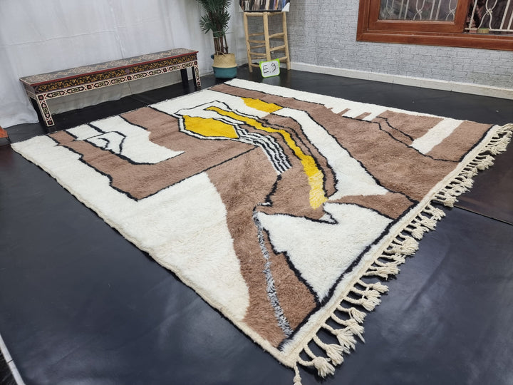 Authentic Beni Ourain Rug, Moroccan Handmade Rug, Berber Rug, Abstract Beniourain Rug, Sheep Wool rug, White And Brown Rug, Tapis marocain.