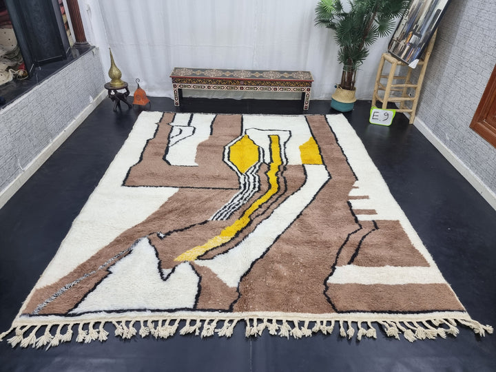 Authentic Beni Ourain Rug, Moroccan Handmade Rug, Berber Rug, Abstract Beniourain Rug, Sheep Wool rug, White And Brown Rug, Tapis marocain.