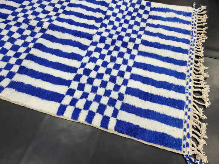 Gorgeous Beni Ourain Rug, Striped Checkered Rug, Moroccan White and Blue Carpet, Handmade Authentic Rug, Sheep Wool Rug, Tribal Berber Rug.