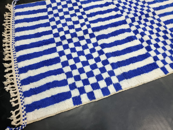 Gorgeous Beni Ourain Rug, Striped Checkered Rug, Moroccan White and Blue Carpet, Handmade Authentic Rug, Sheep Wool Rug, Tribal Berber Rug.