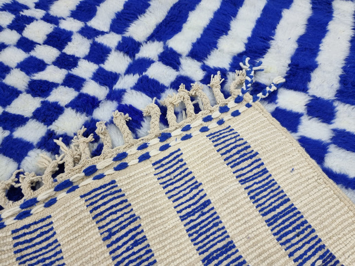 Gorgeous Beni Ourain Rug, Striped Checkered Rug, Moroccan White and Blue Carpet, Handmade Authentic Rug, Sheep Wool Rug, Tribal Berber Rug.