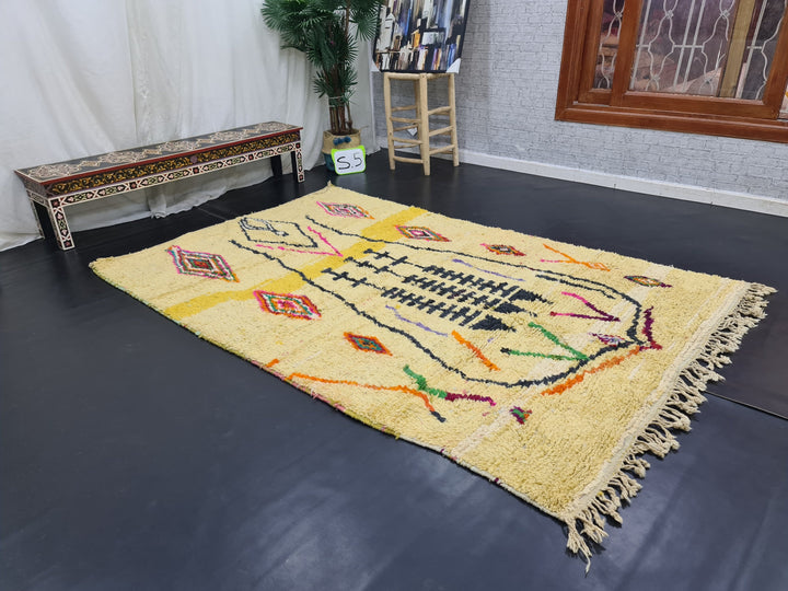 Tribal Moroccan Rug, Handmade Boujaad Rug, Authentic Moroccan Rug, Abstract Berber Rug, Yellow Wool Rug, Sheep Wool Rug, Bohemian Rug.