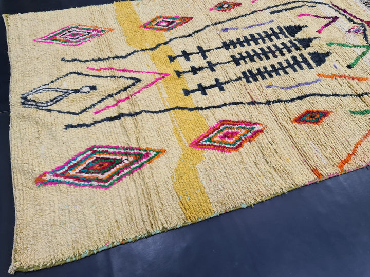 Tribal Moroccan Rug, Handmade Boujaad Rug, Authentic Moroccan Rug, Abstract Berber Rug, Yellow Wool Rug, Sheep Wool Rug, Bohemian Rug.