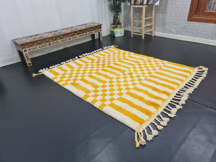 HANDMADE BERBER RUG Beni Ouarin Carpet Checkered Rug Moroccan Handmade Rug White And Mustard Carpet Moroccan Wool Rug Sheep Wool Rug.