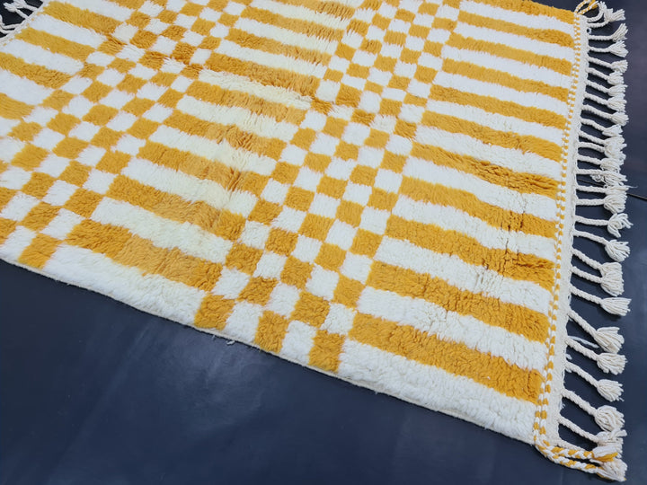 HANDMADE BERBER RUG Beni Ouarin Carpet Checkered Rug Moroccan Handmade Rug White And Mustard Carpet Moroccan Wool Rug Sheep Wool Rug.