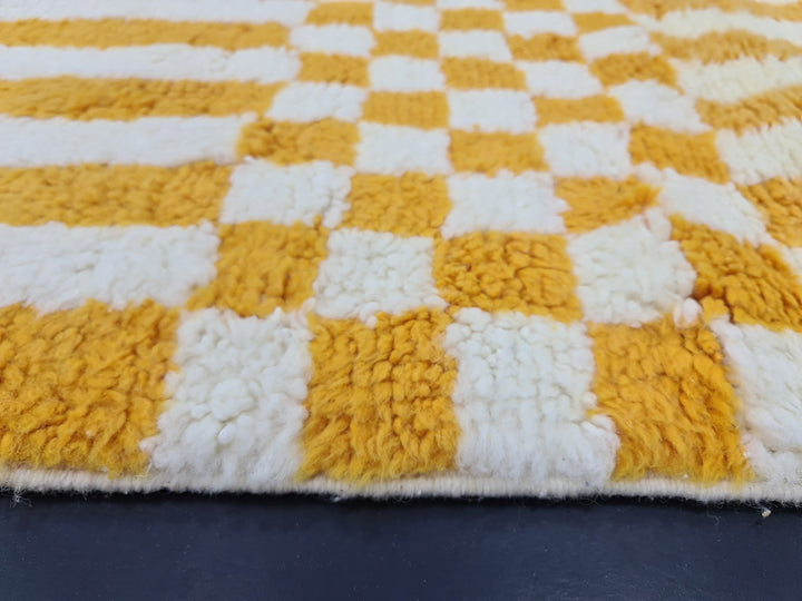 HANDMADE BERBER RUG Beni Ouarin Carpet Checkered Rug Moroccan Handmade Rug White And Mustard Carpet Moroccan Wool Rug Sheep Wool Rug.