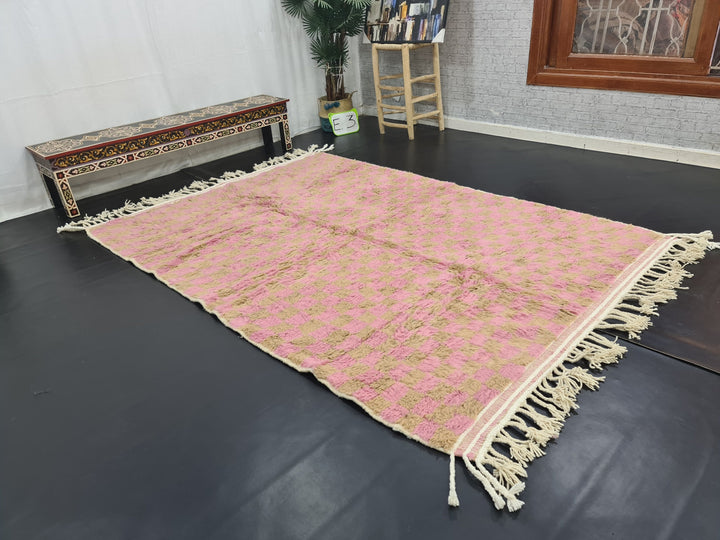 Gorgeous Beni Ourain Rug, Moroccan Handmade Carpet, Azilal Handmade Wool Rug, Moroccan Berber Rug, Checkered Rug, Pink And Brown Checker Rug