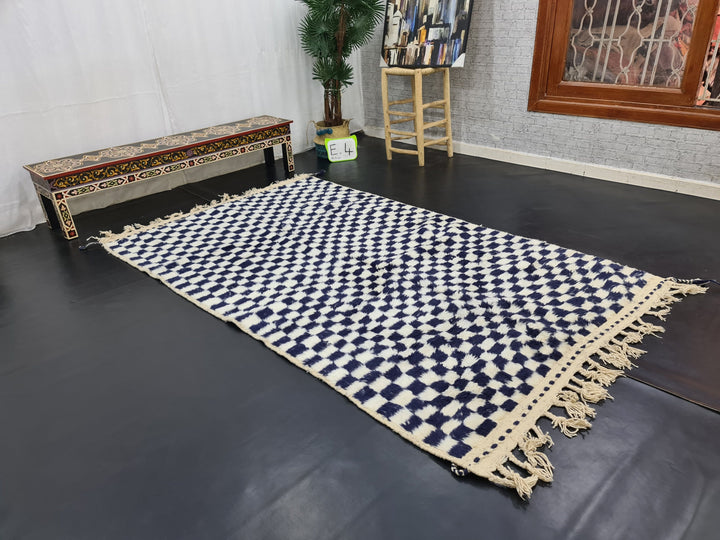 Amazing Beni Ourain CarpetMoroccan Handmade RugSheep Wool RugCheckered RugHandmade Wool CarpetWhite And Dark Blue RugAzilal Check Rug