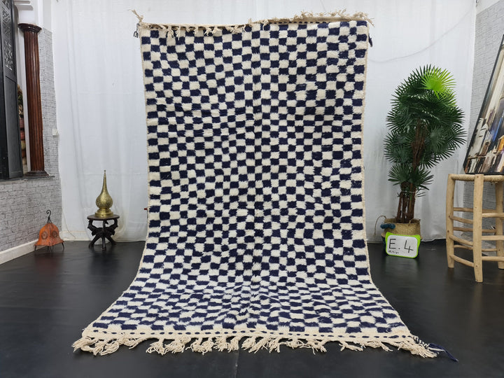 Amazing Beni Ourain CarpetMoroccan Handmade RugSheep Wool RugCheckered RugHandmade Wool CarpetWhite And Dark Blue RugAzilal Check Rug