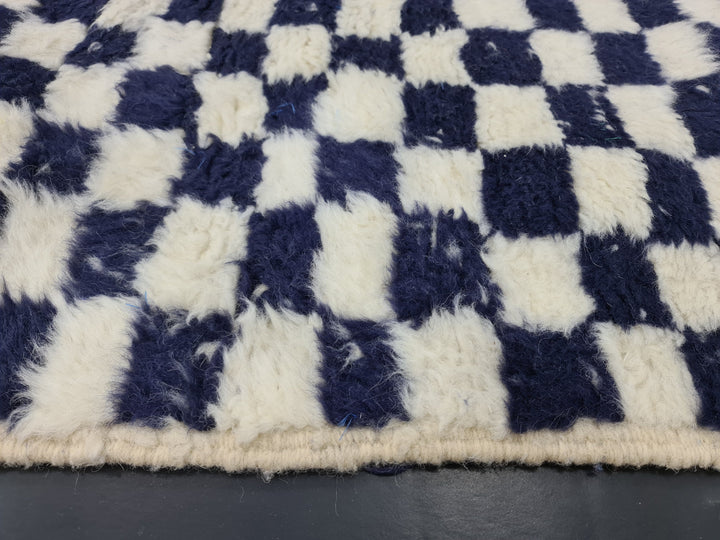 Amazing Beni Ourain CarpetMoroccan Handmade RugSheep Wool RugCheckered RugHandmade Wool CarpetWhite And Dark Blue RugAzilal Check Rug