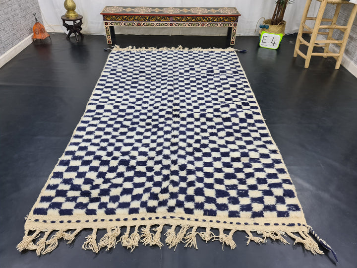 Amazing Beni Ourain CarpetMoroccan Handmade RugSheep Wool RugCheckered RugHandmade Wool CarpetWhite And Dark Blue RugAzilal Check Rug