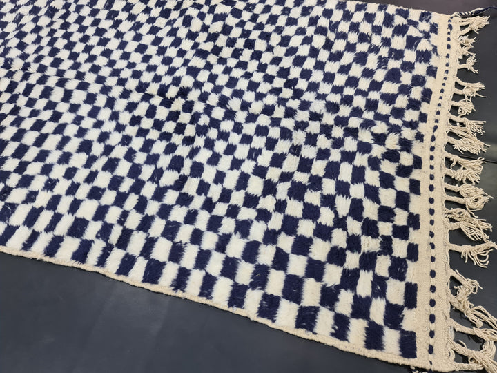 Amazing Beni Ourain CarpetMoroccan Handmade RugSheep Wool RugCheckered RugHandmade Wool CarpetWhite And Dark Blue RugAzilal Check Rug