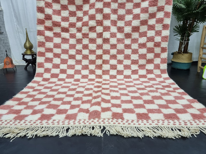 Stunning Beni Ourain RugMoroccan Handmade CarpetWhite and Salmon Pink RugChecker RugAzilal Handmade Wool RugCheckered Berber Carpet.