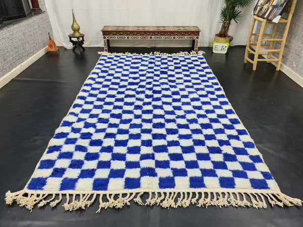 Amazing Beni Ourain Rug, Checkered Rug, Moroccan White And Blue Rug, Handmade Wool Carpet, Sheep Wool Rug, Moroccan Berber Rug, Azilal Rug.