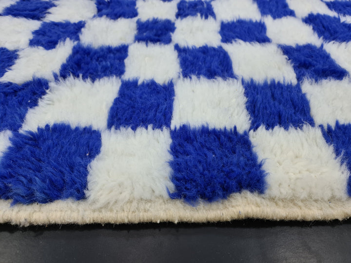 Amazing Beni Ourain Rug, Checkered Rug, Moroccan White And Blue Rug, Handmade Wool Carpet, Sheep Wool Rug, Moroccan Berber Rug, Azilal Rug.