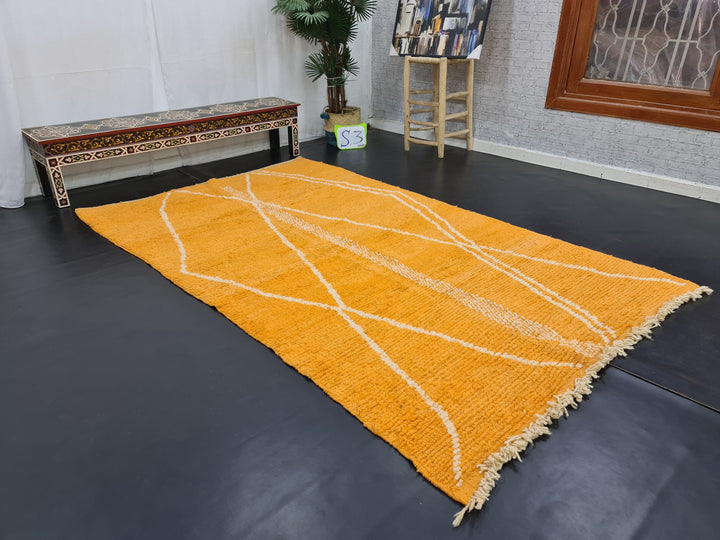 Amazing Boujaad Carpet, Moroccan Handmade Rug, Azilal Geometric Rug, Tribal Orange And White Rug, Handmade Wool Carpet, Moroccan Berber Rug.