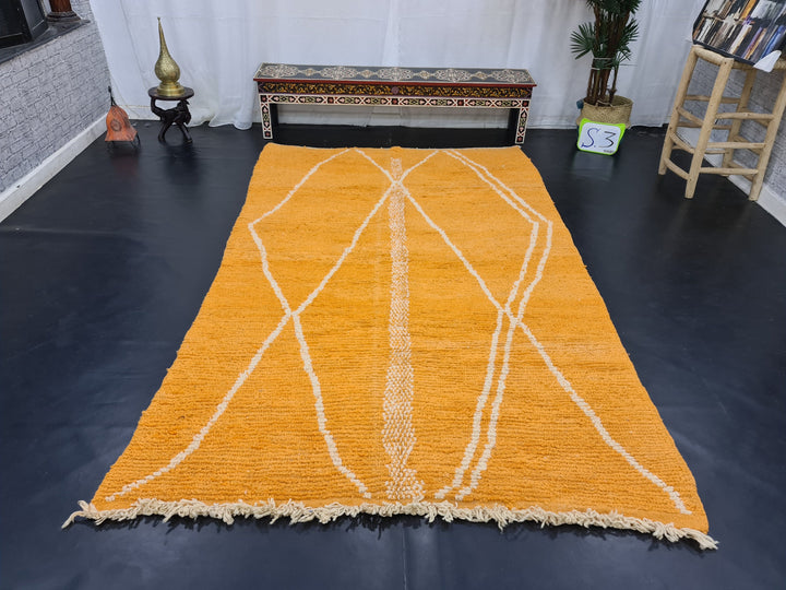 Amazing Boujaad Carpet, Moroccan Handmade Rug, Azilal Geometric Rug, Tribal Orange And White Rug, Handmade Wool Carpet, Moroccan Berber Rug.