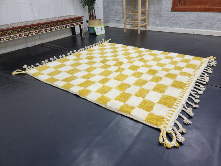 Gorgeous Beni Ourain Rug, Moroccan Handmade Carpet, White And Yellow Rug, Authentic Berber Rug, Tribal Checkered Rug, Sheep Wool Carpet.