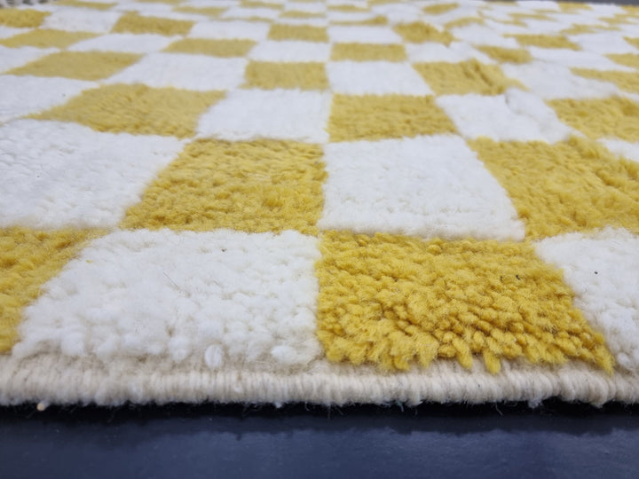 Gorgeous Beni Ourain Rug, Moroccan Handmade Carpet, White And Yellow Rug, Authentic Berber Rug, Tribal Checkered Rug, Sheep Wool Carpet.