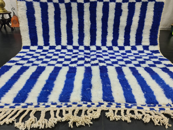 Gorgeous Beni Ourain Rug, Striped Checkered Rug, Moroccan White and Blue Carpet, Handmade Authentic Rug, Sheep Wool Rug, Tribal Berber Rug.